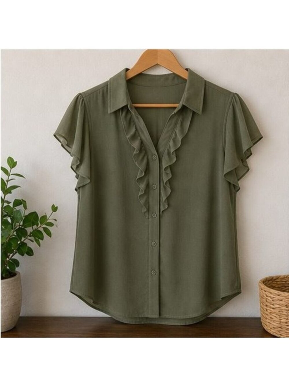 Olive Ruffle Blouse